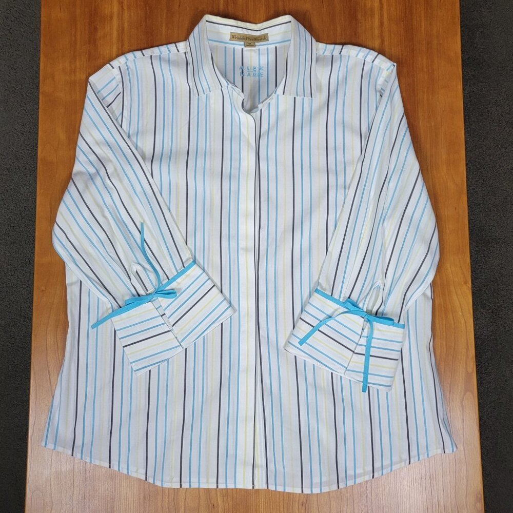 Alex Marie Teal Black Yellow Stripe Wrinkle Free Stretch 3/4 Sleeve Shirt - 16